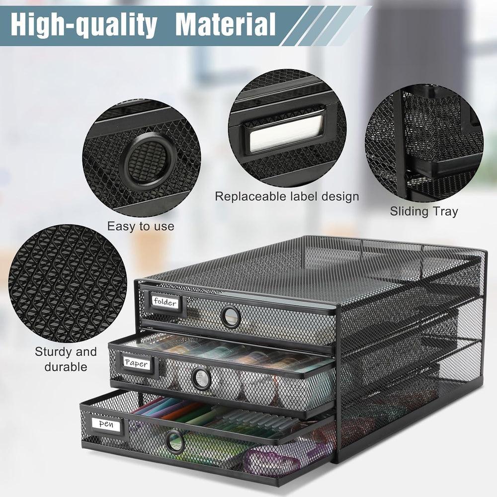 Zhanmai 1 Pack Black Desk Organizer Total Wire Mesh with Drawer, 3 Tier