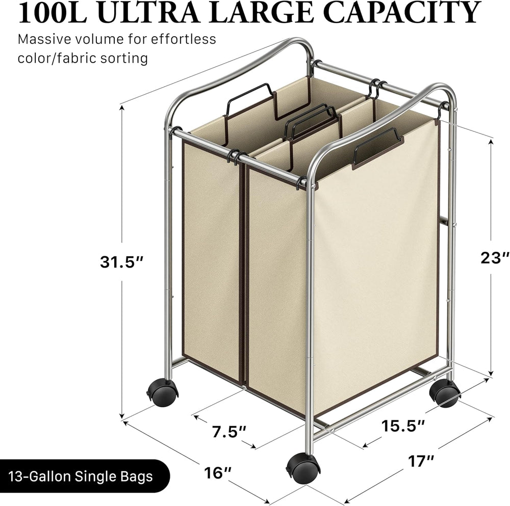 Simple Houseware 2-Bag Heavy Duty Laundry Sorter Rolling Cart, Chrome