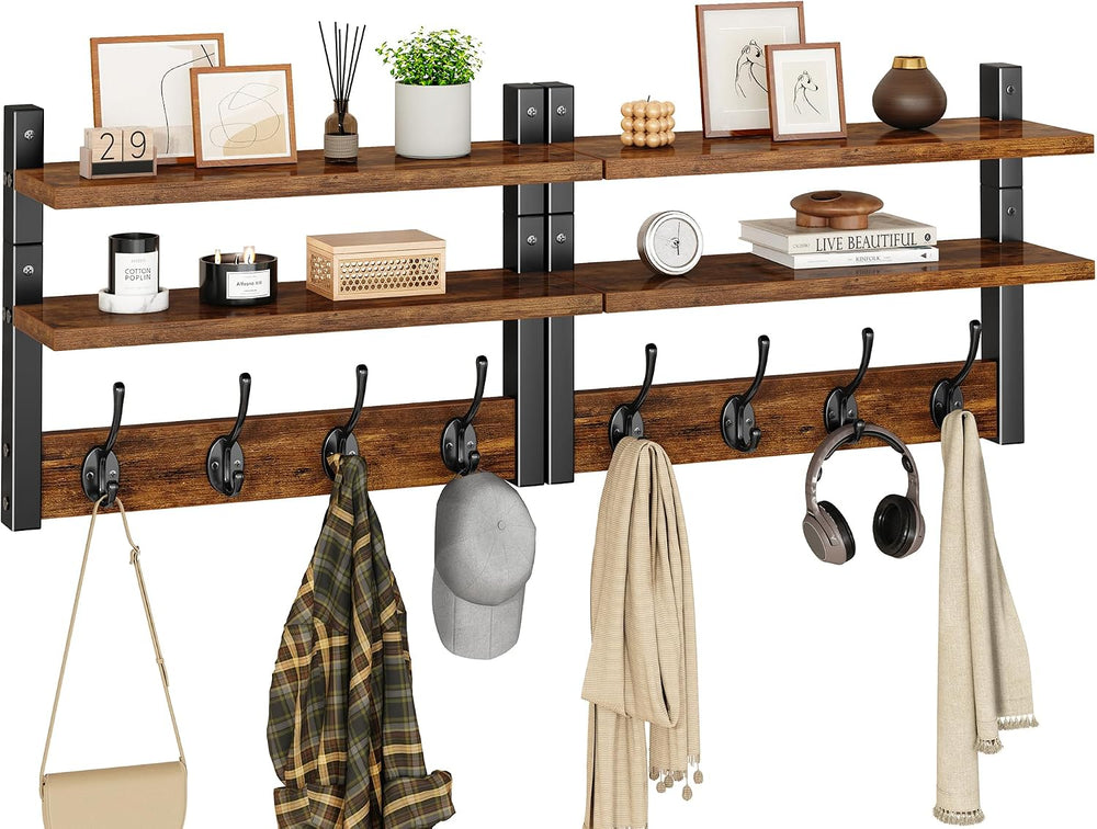 Double Shelf Coat Rack Wall Mount with 8 Hooks, Rustic Brown HWS009H-2