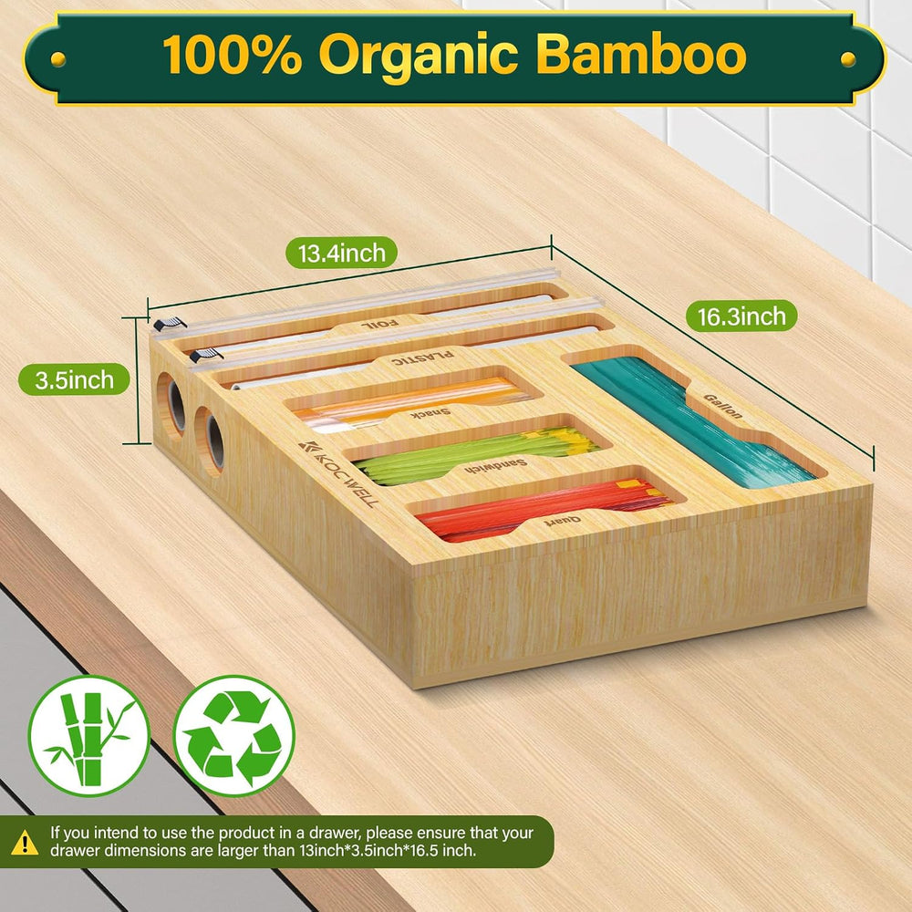 KOCWELL Bag Organizer and Plastic Wrap Dispenser with Cutter, 6 In 1 Bamboo F...