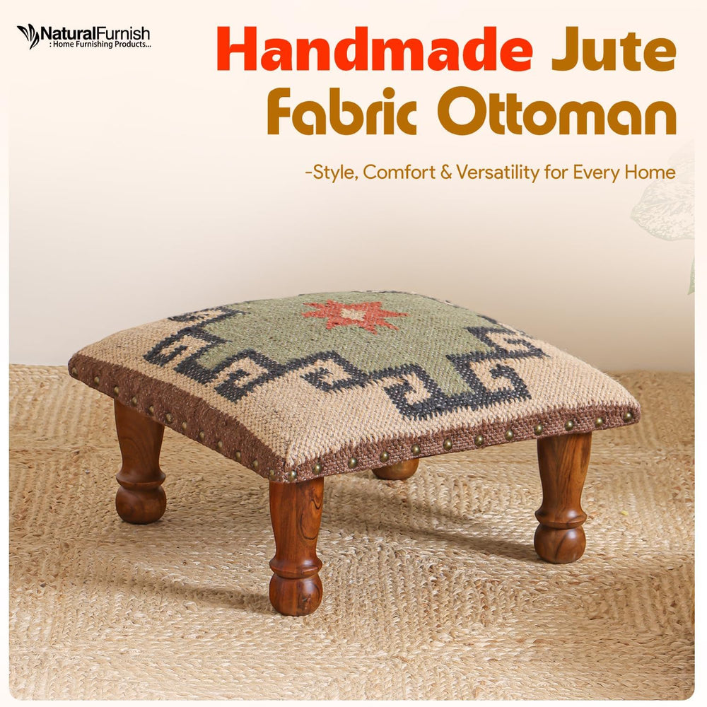 Upholstered Ottoman Footstool with Tribal Aztec Fabric | Rustic Wooden Accent...
