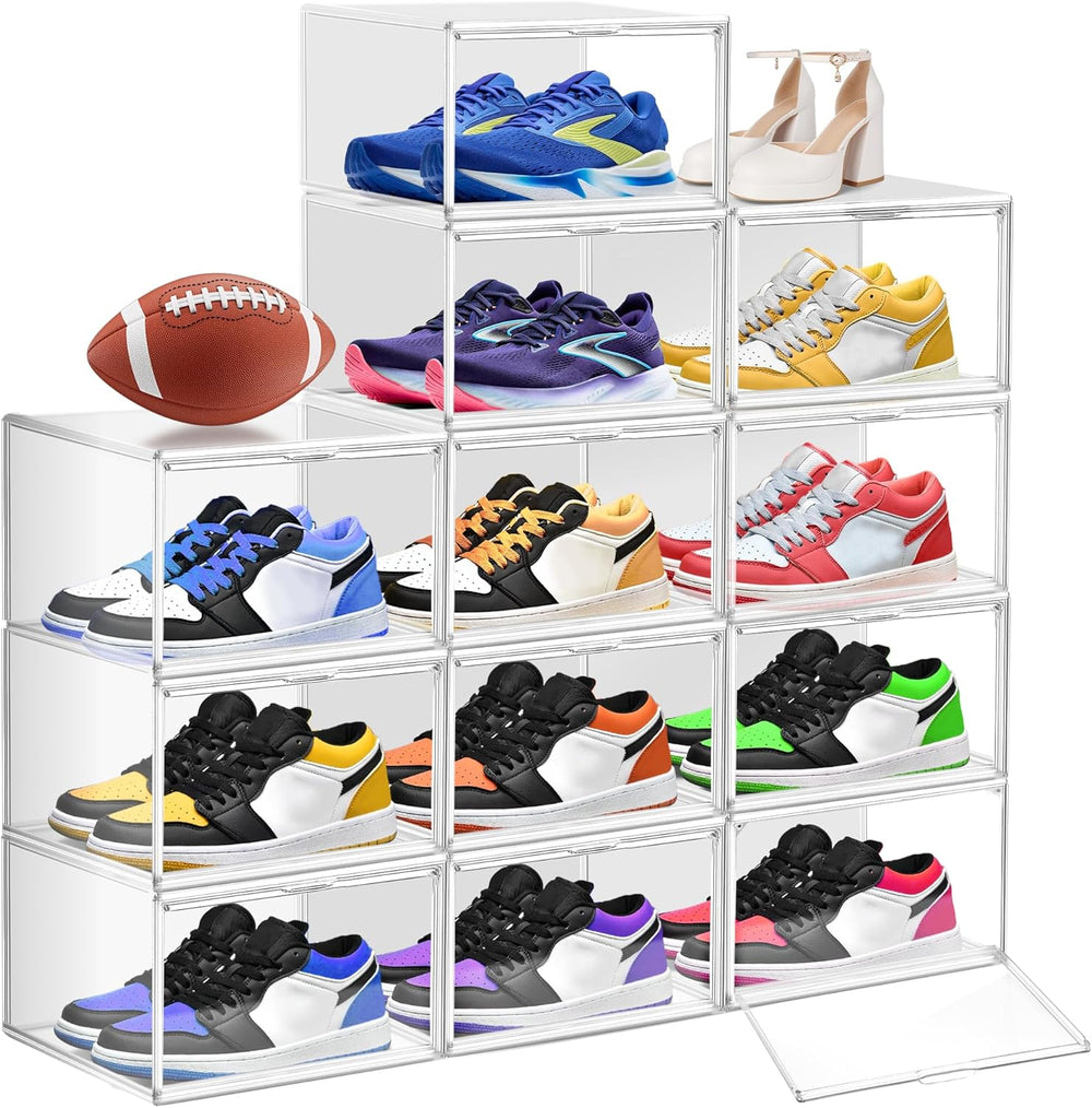 12 Pack Clear Plastic Shoe Organizer, Acrylic Magnetic Door, Fit Size 12