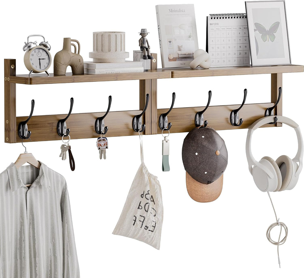 STELLSTAR Coat Rack with Shelf Wall Mount, Entryway Bamboo Hanging Shelf, Set...