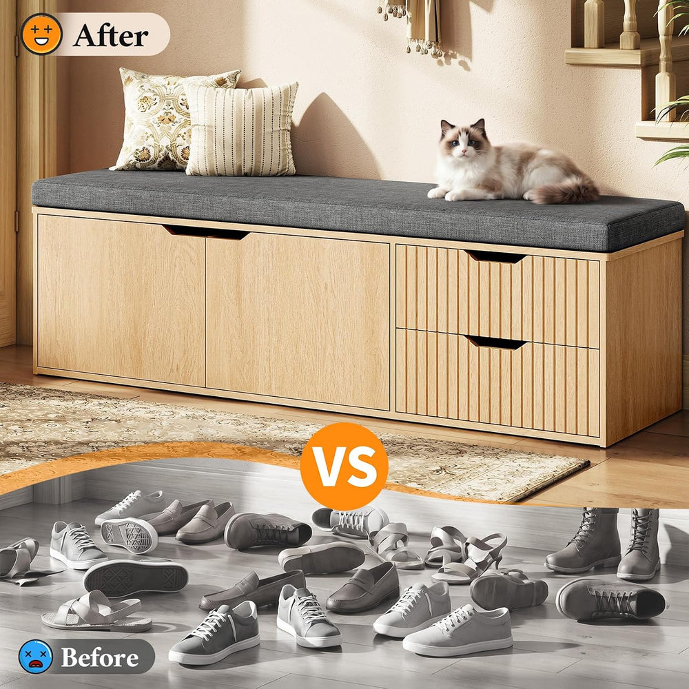 59" Storage Bench with Drawer, 2-Tier Shoe Bench with Storage, Long Entr...