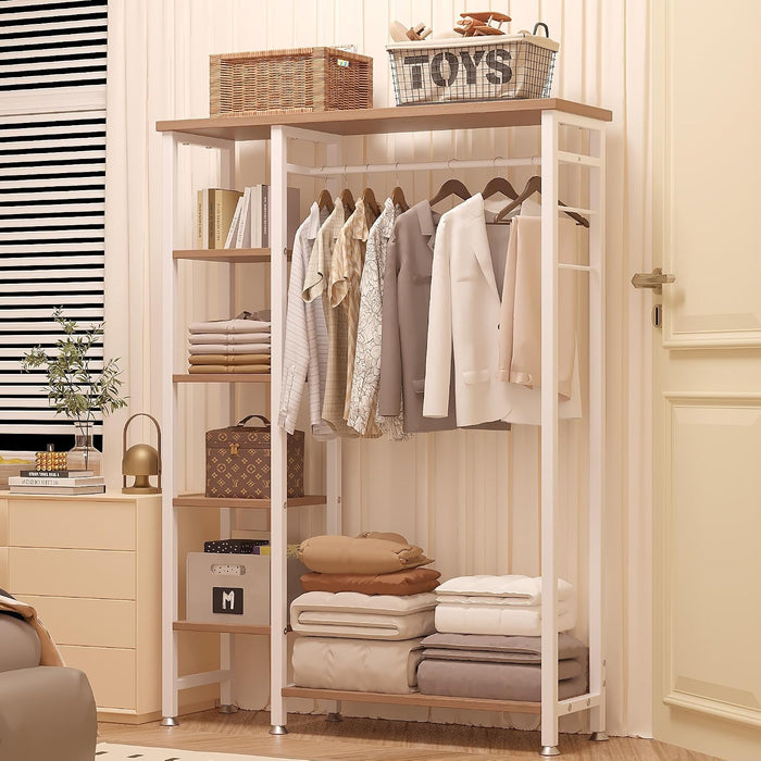 VECELO Open Garment Clothing Rack, Free-Standing Heavy Duty Storage Closet with 5 Shelves and Hanging Rod for Small Spaces, Max Load 350LBS, White Oak