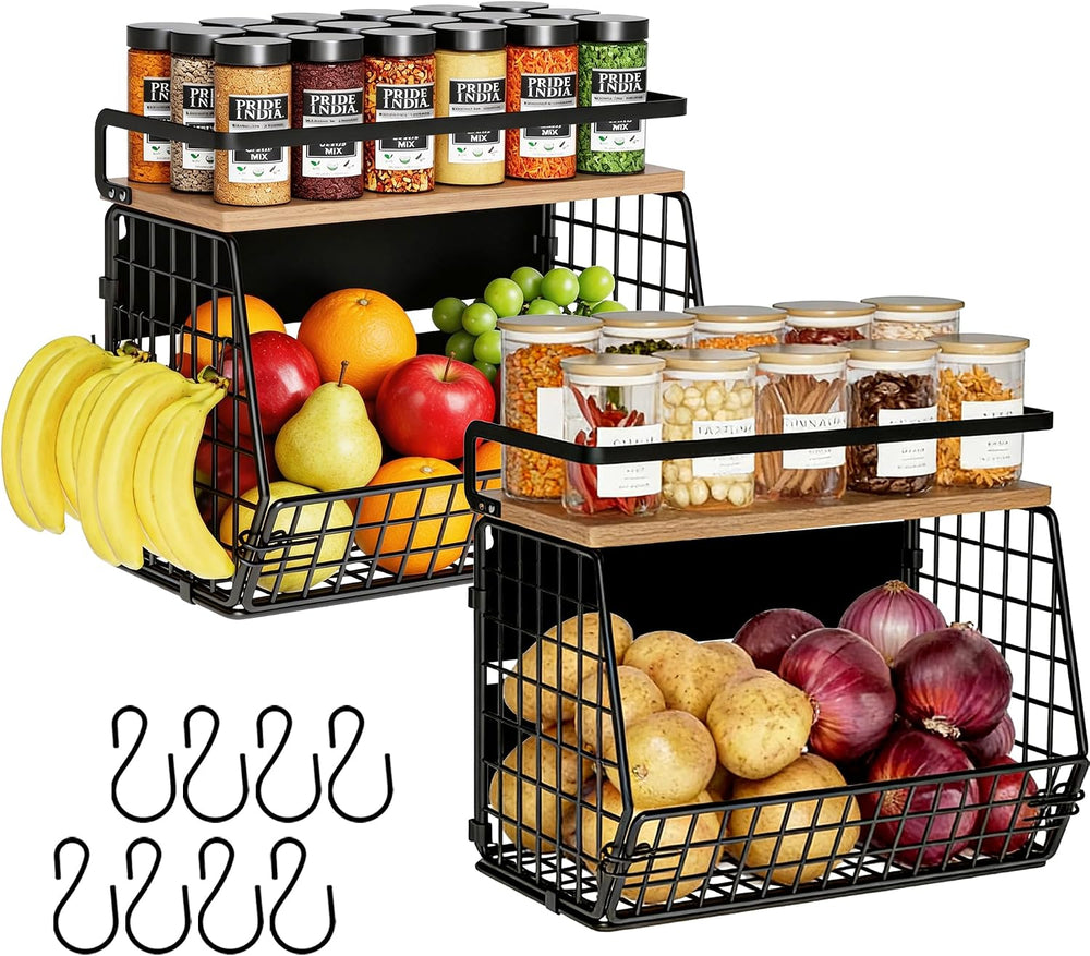 Fruit Basket 2 IN 1 Magnetic & Hanging Wall Produce Basket with Spice Rac...