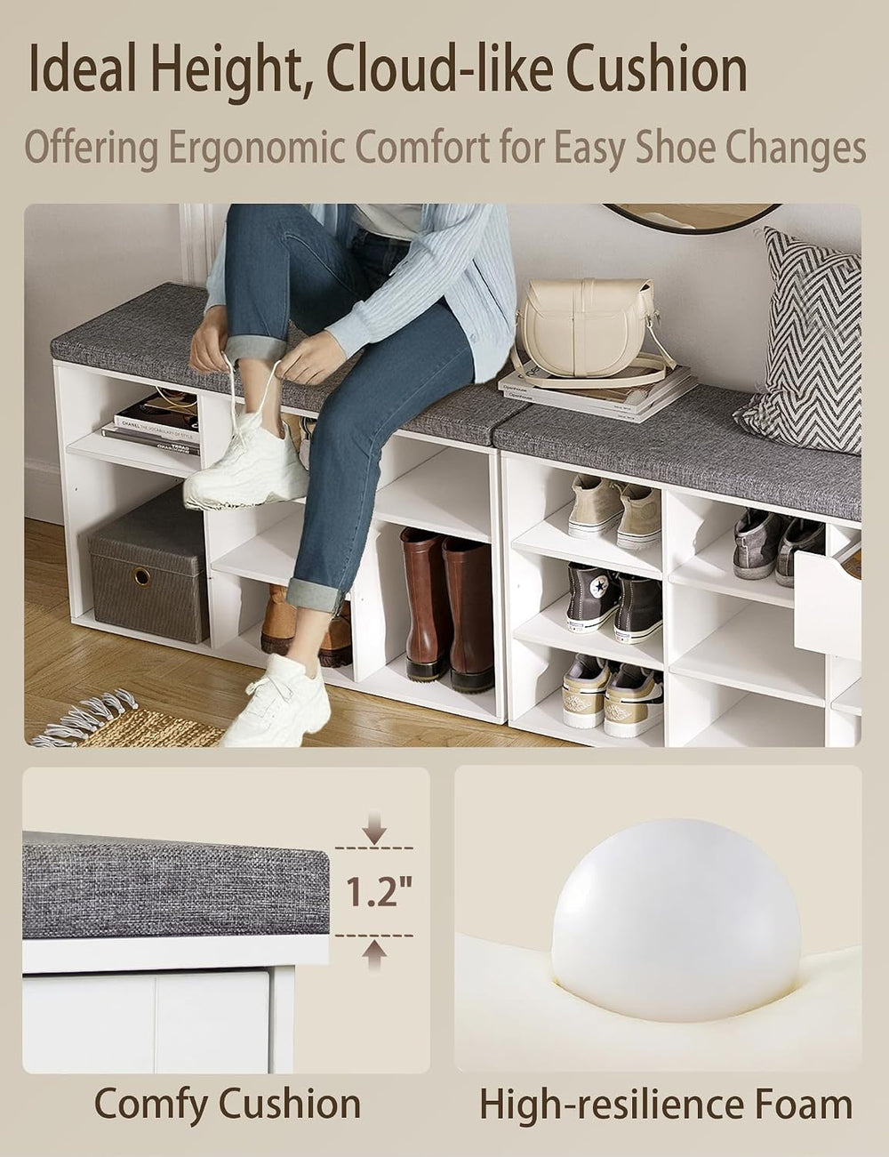DINZI LVJ Shoe Storage Bench with Cushion, 31.5" Cubby Shoe Rack, 9 Cubbies