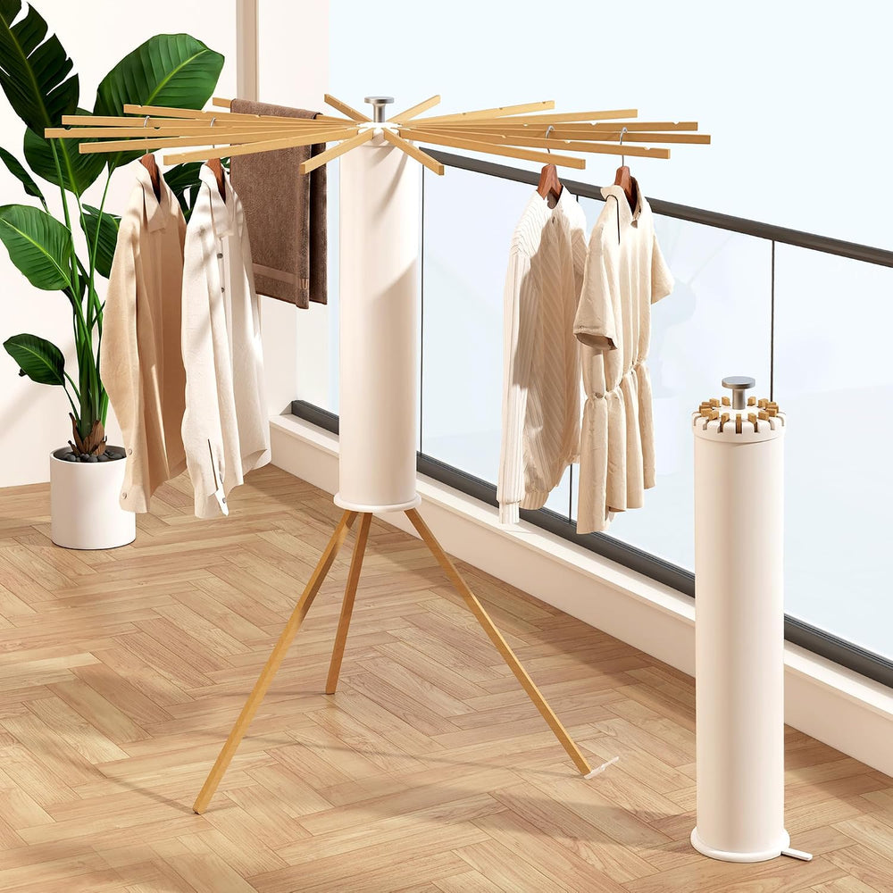 Heavy-Duty Wooden Tripod Clothes Drying Rack, 16 Rods, Large Capacity, 360° A...