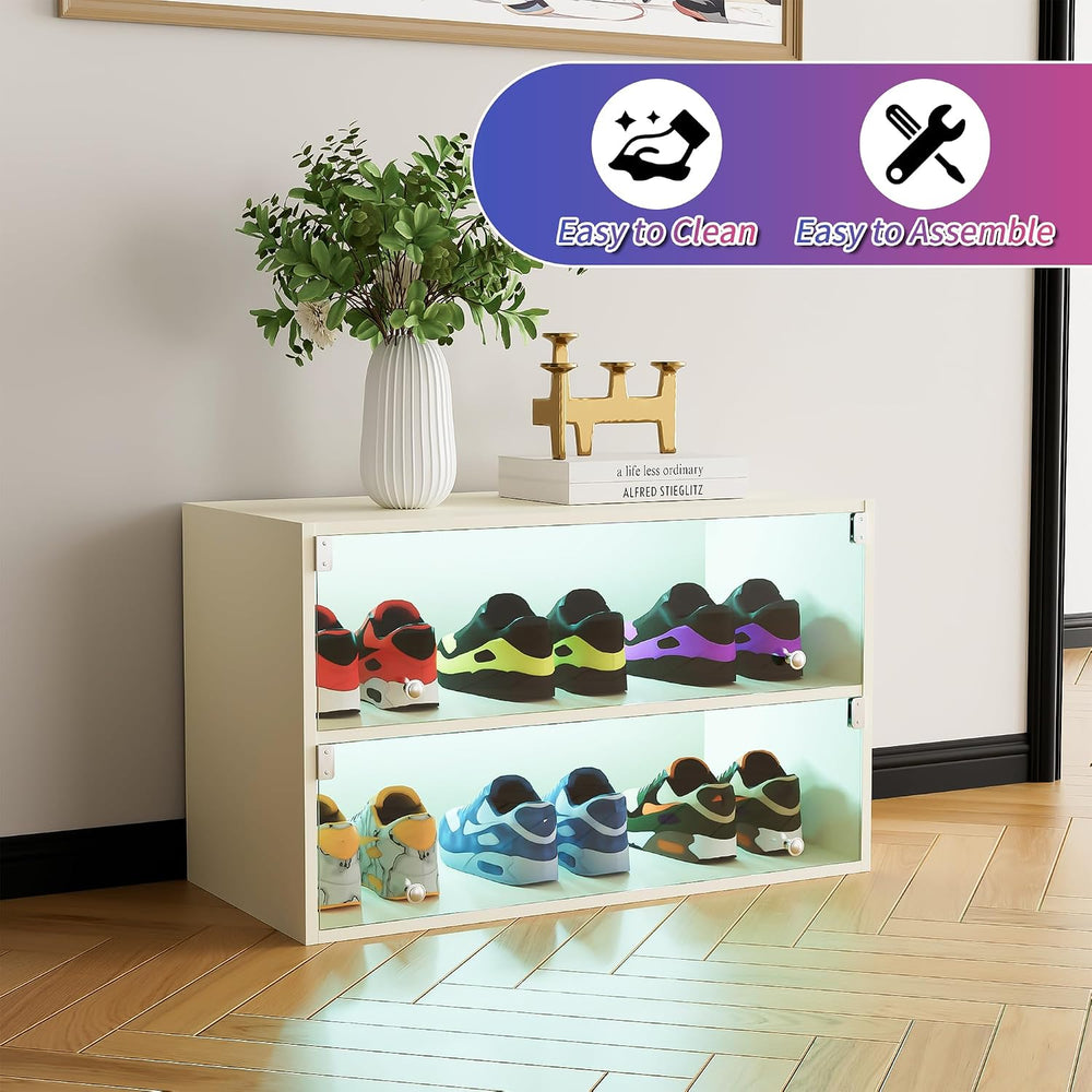 Wooden Shoe Storage Box, 2 Layers Shoe Organizer Storage Box with Glass Door,...