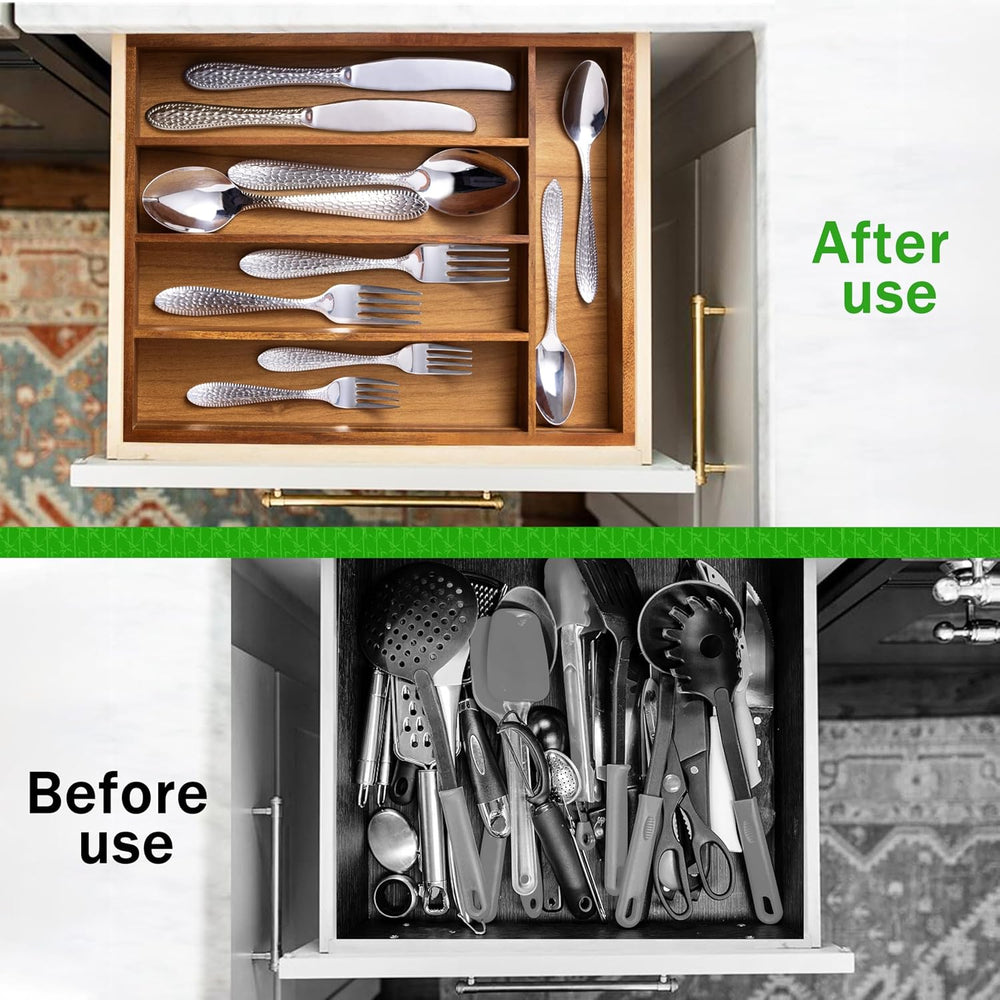 Greenual Acacia Wood Silverware Organizer 10 In Utensil Organizer Silverware ...