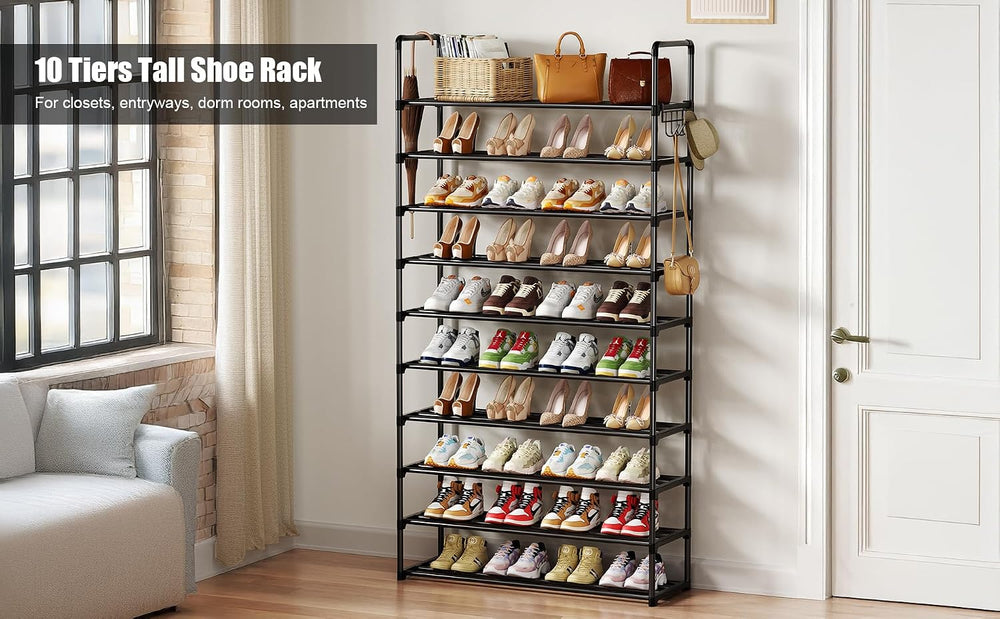 Shoe Rack, 10 Tier Shoe Storage Organizer with Hooks,Fit 40-45 Pairs Shoes,Me...