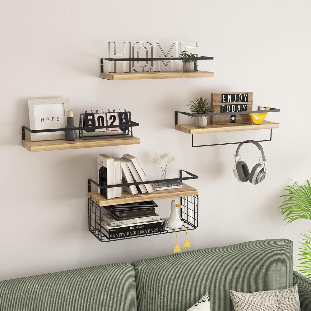 Wood Floating Shelves Wall Mounted - 4+1 Tier Rustic Bathroom Wall Shelves Ov...