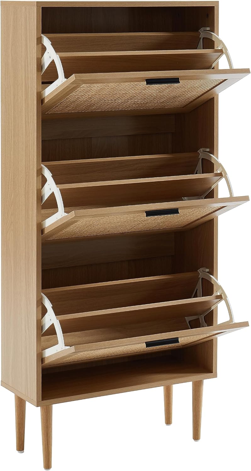 BAÏTA - Amana Shoe Cabinet Oak Effect and Rattan Cane 60 cm