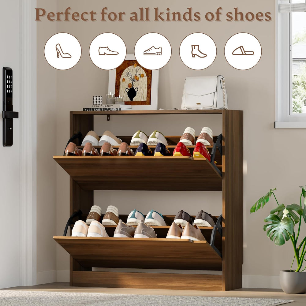 BORNOON Shoe Cabinet with 2 Flip Drawers, Slim Narrow Shoe Storage Cabinet, F...
