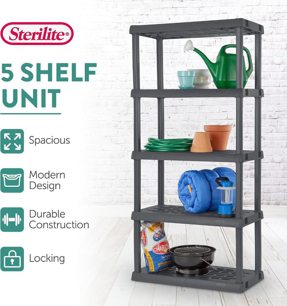 Sterilite 5 Shelf Unit, Heavy-Duty Plastic Storage & Utility Shelving Rack