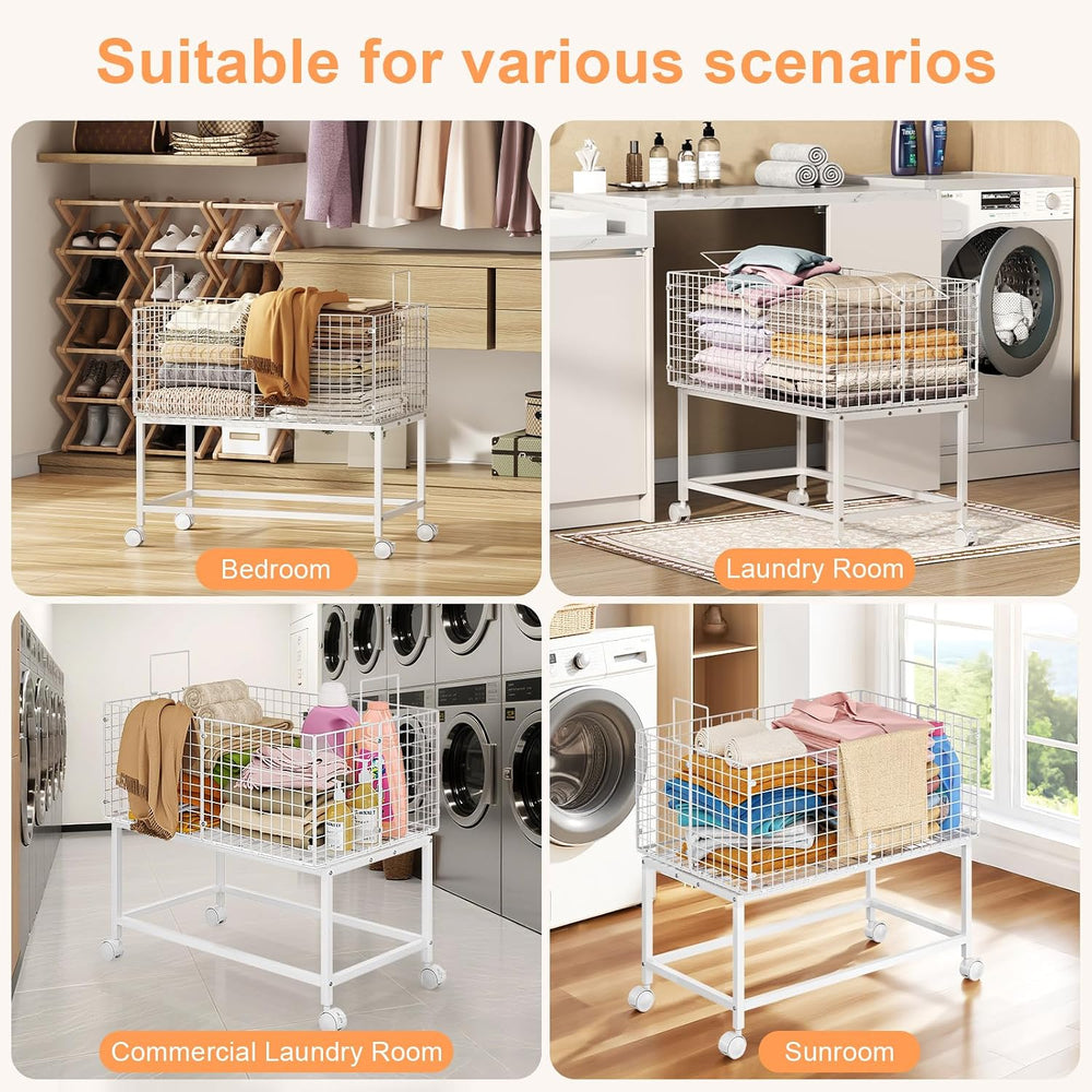 Large Rolling Laundry Basket Cart,Wire Laundry Hamper Cart with Handle and Wh...