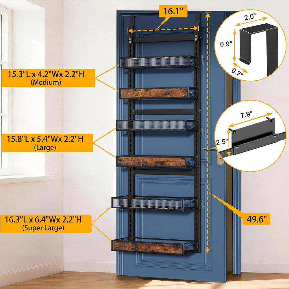 6 Tier Pantry Door Organizer Spice Rack, 2-IN-1 Wall Mount or Hanging Over Do...