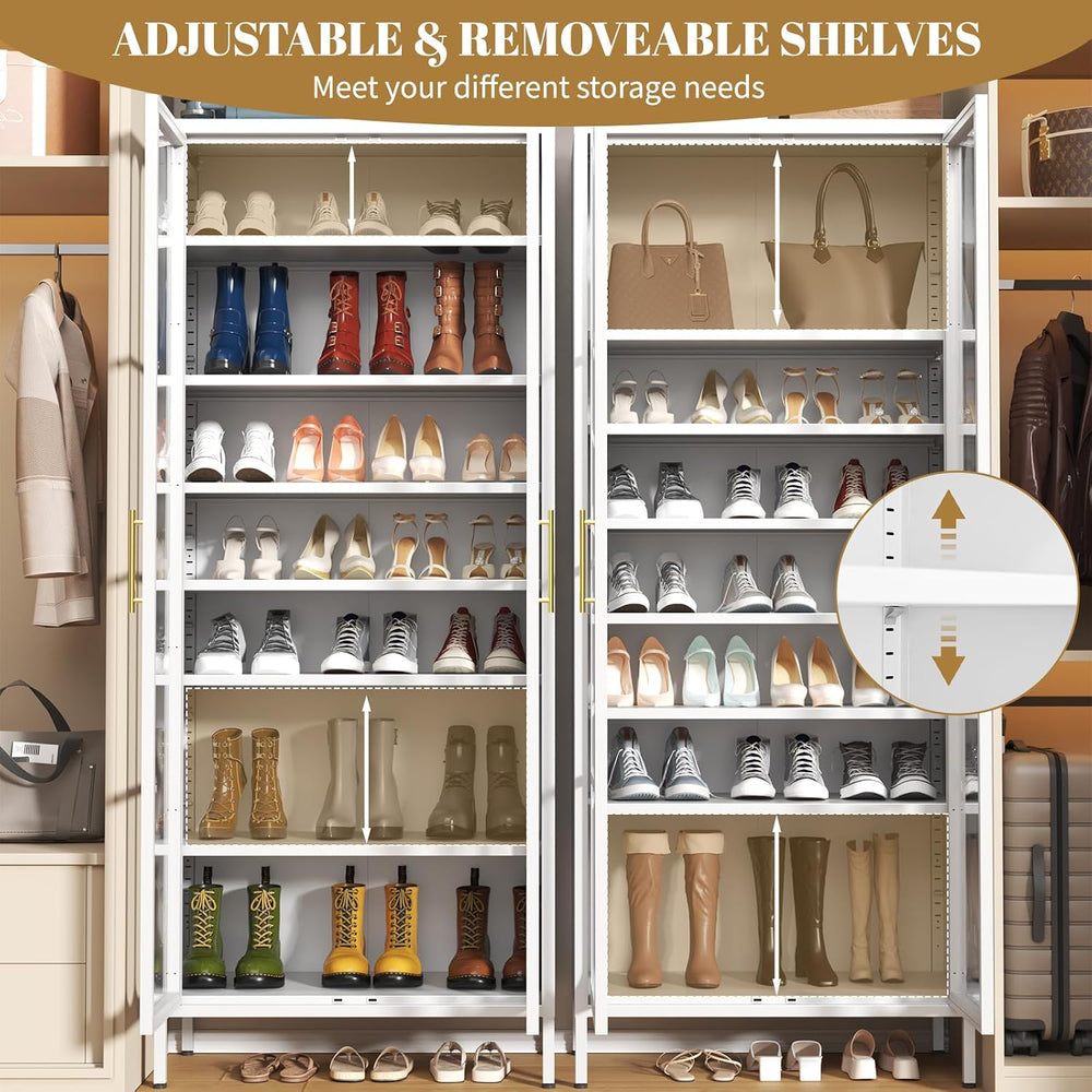 9-Tier Tall Metal Shoe Cabinet with Doors & Hooks, 67" Large Shoe St...