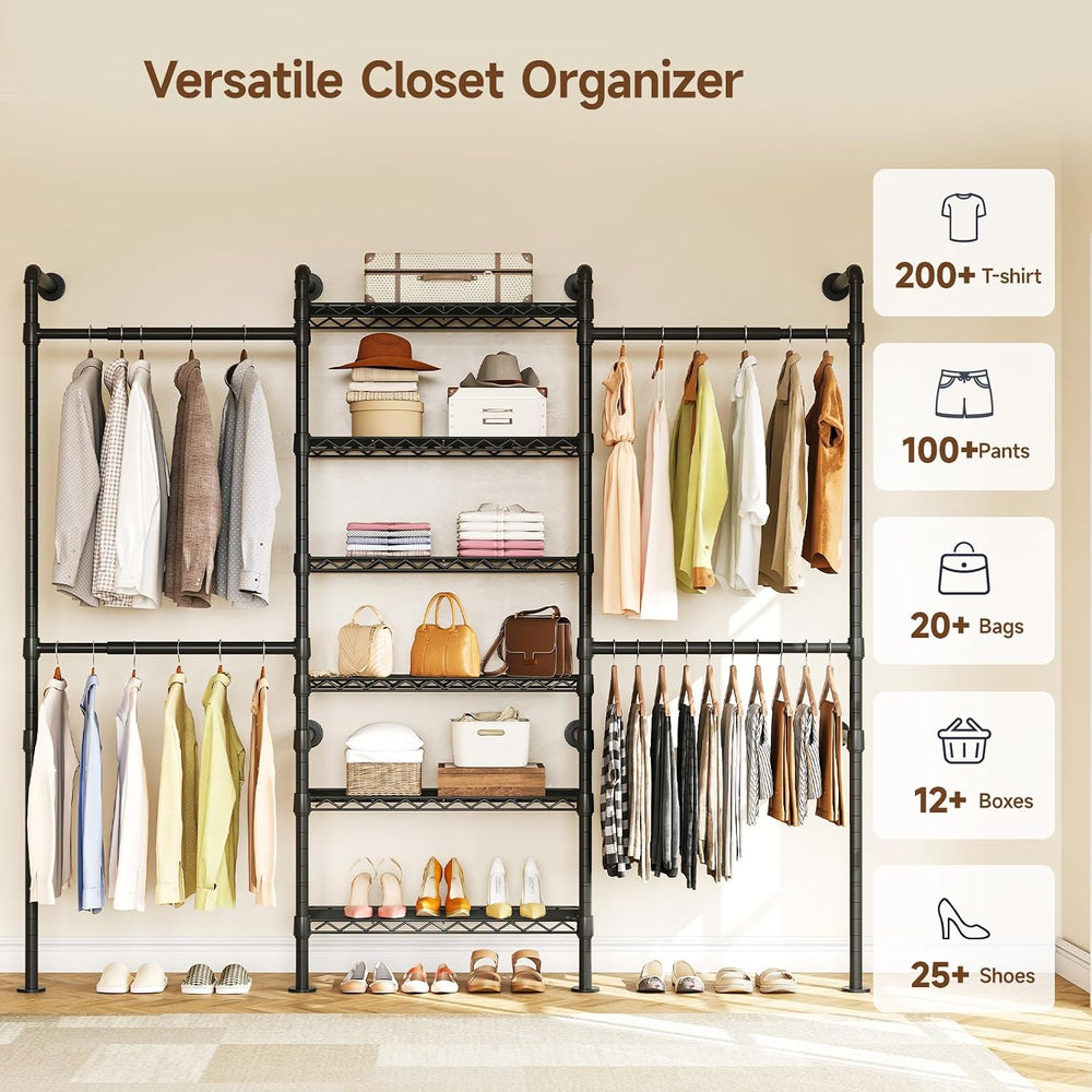 ONBRILL H3 Wall Mounted Closet System, Industrial Pipe Clothing Rack, Black