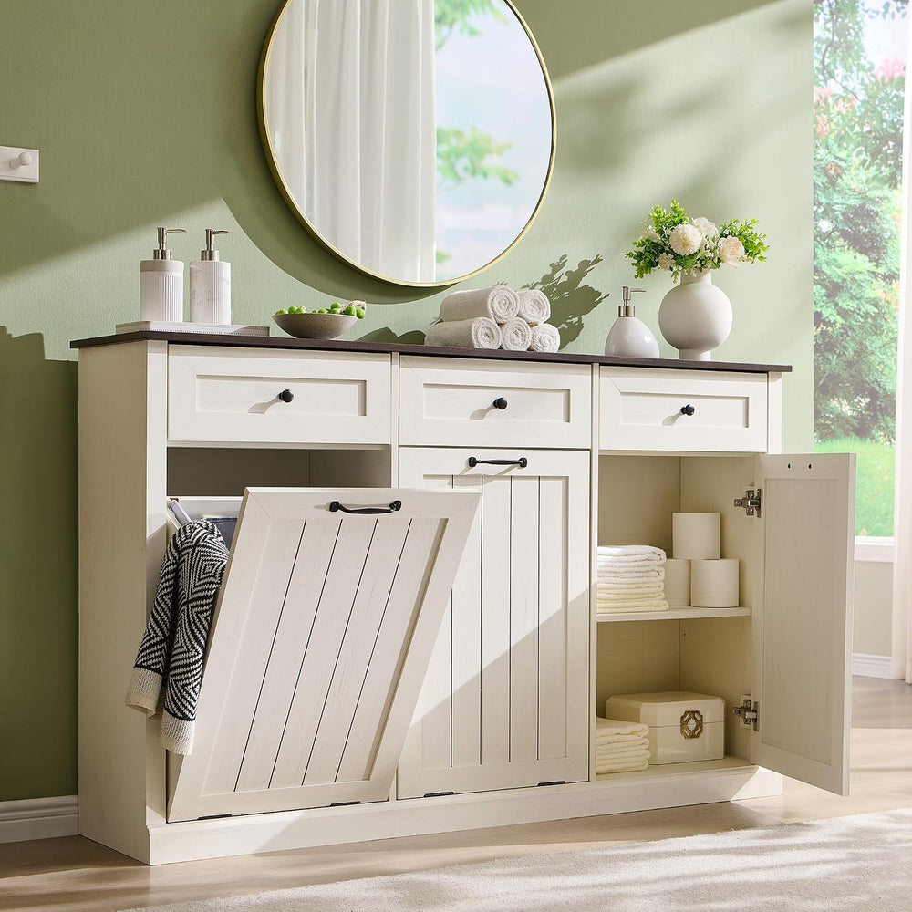 IFBUY Triple Tilt Out Laundry Hamper Cabinet, Trash Cabinet, Antique White