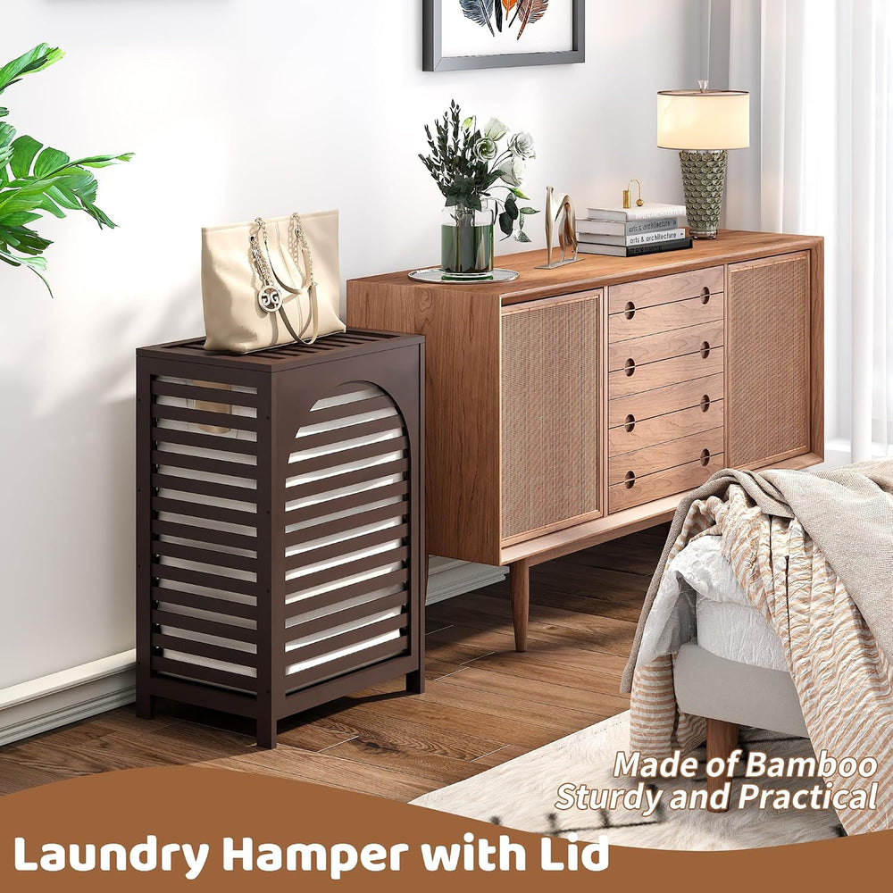 Laundry Hamper with Lid (16.9 * 13 * 26.5inches) Large Bamboo Laundry Bin Bas...