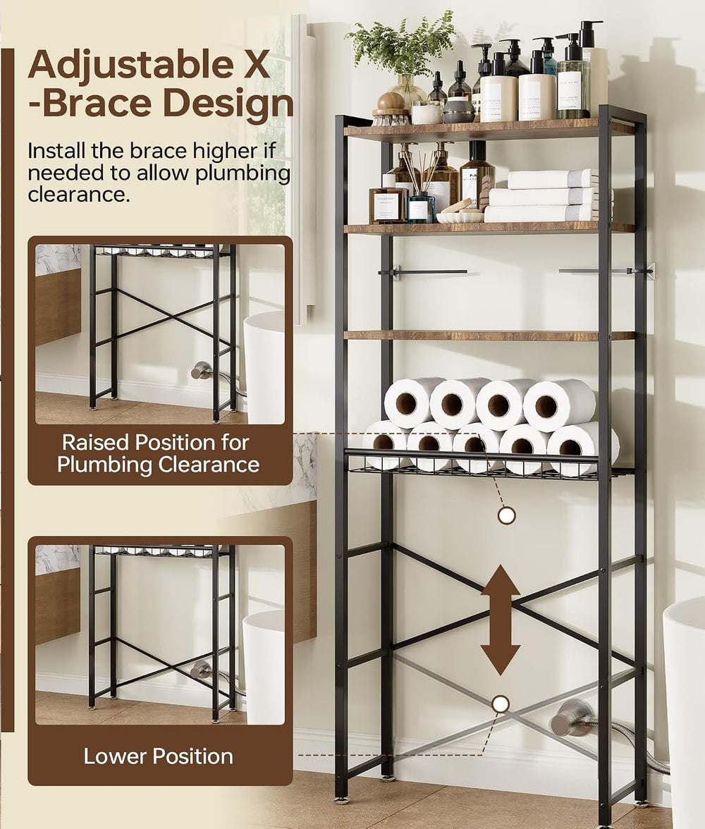 4-Tier Over-the-Toilet Storage Rack with One-Piece Wooden Shelves & Open ...