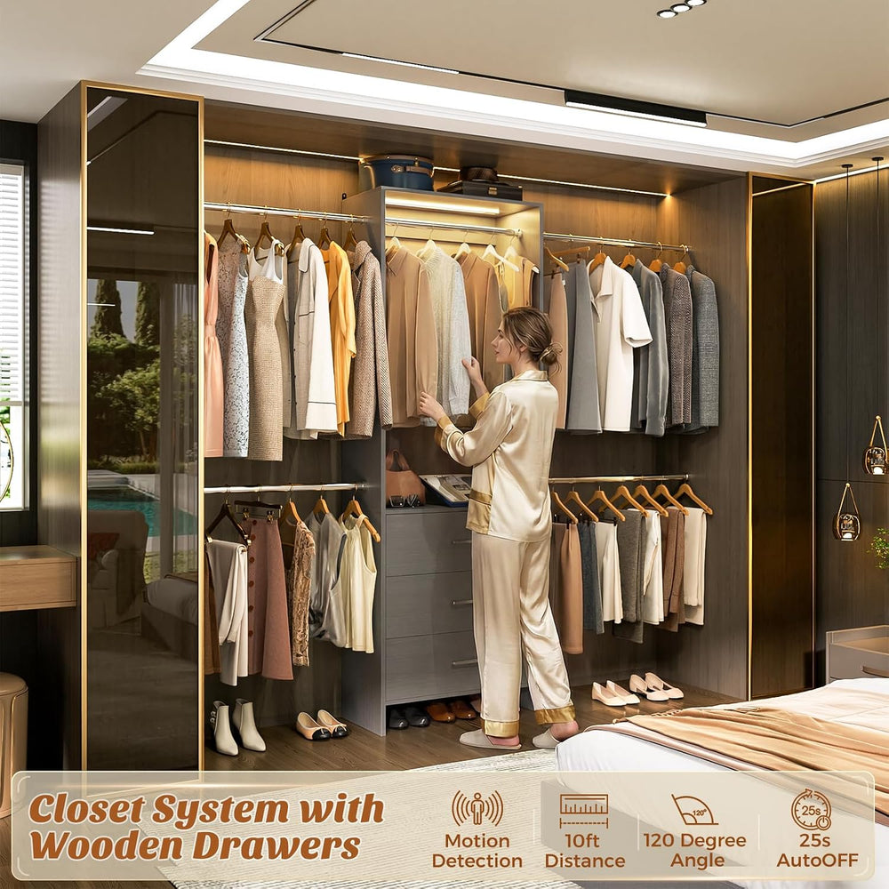 Aheaplus Closet System with Motion-Sensing Light, 3 Wooden Drawers and 4 Hang...
