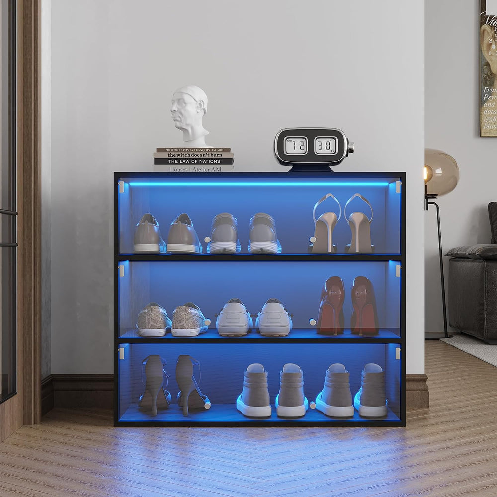 Shoe Storage Box, Wooden Organizer Shoe Storage Box with Flip Glass Door, 3-T...