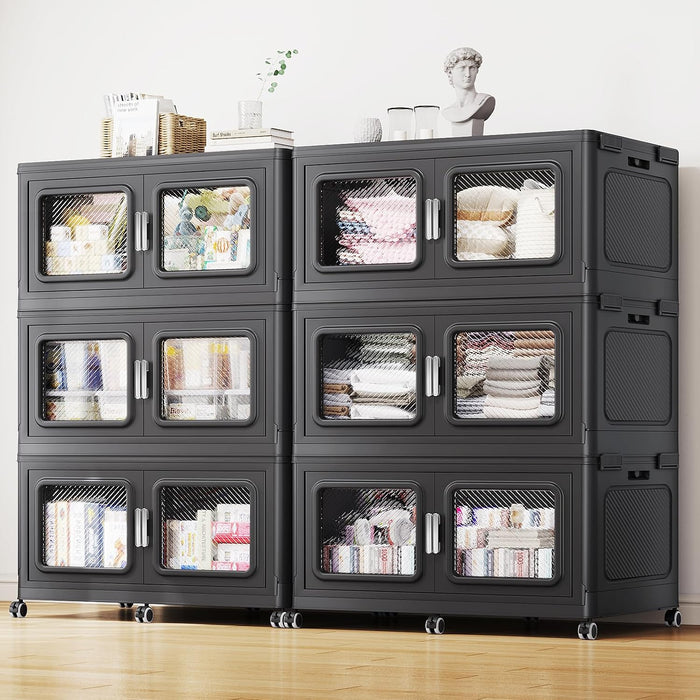 BROVIEW 330Gal Storage Bins, 1320Qt Extra Large Stackable Storage Box with Lids & Wheels - Heavy Duty Collapsible Plastic Cabinets, Open Front Door for Sundries in Home & Office, Black 6 Pack