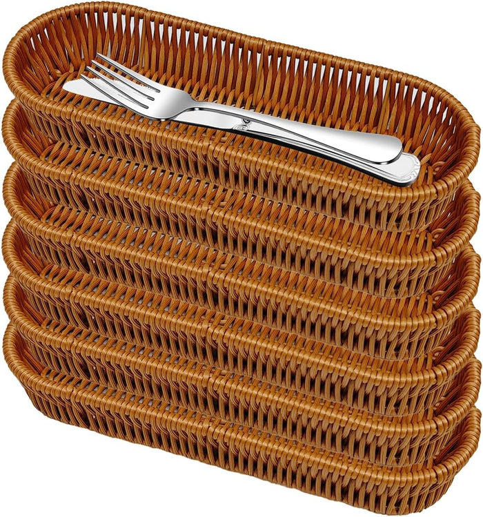 Silverware Organizer Basket, Silverware Basket for Drawer, Small Wicker Bread Cracker Baskets 6 Pack, Stackable Wicker Storage Baskets for Spoons Forks Knives Stationery (Oval)