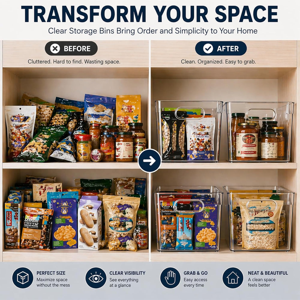 MOONEDGE 6 Pack Clear Organizer Bins 11x8x6in Pantry Organizers and Storage