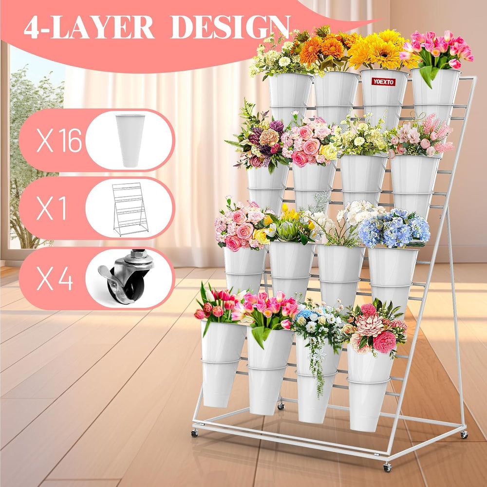 Flower Display Stand with Buckets, 4 Layers 16 PCS Buckets Plant Stand with W...
