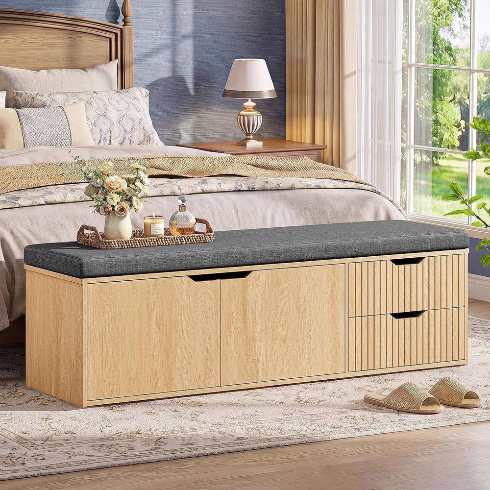 59" Storage Bench with Drawer, 2-Tier Shoe Bench with Storage, Long Entr...