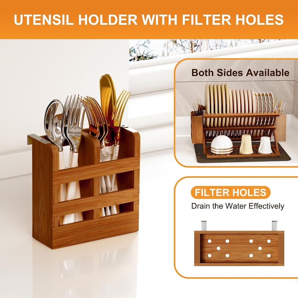 Greenual Teak Dish Drying Rack with Utensil Holder, 3 Tier Collapsible Dish R...