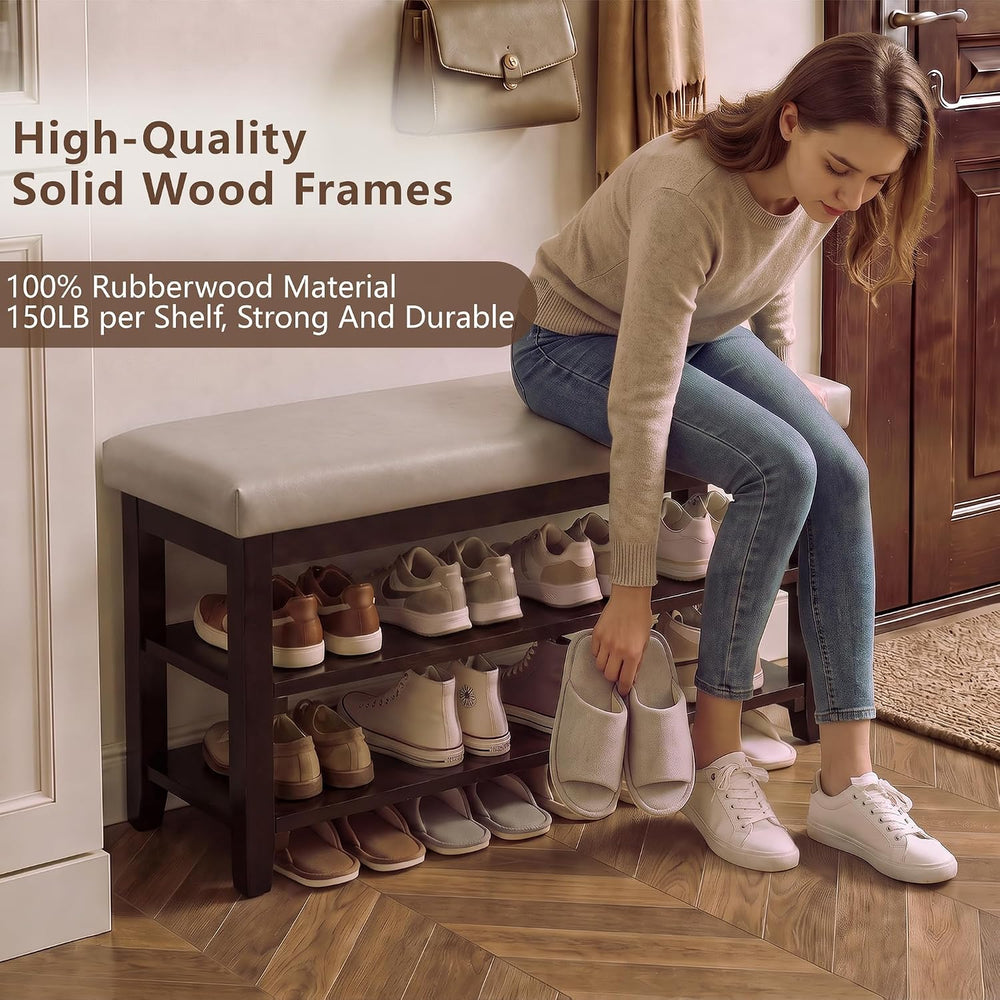 40" Solid Wood Shoe Storage Bench, 2 Tier Shoe Rack for Entryway, Grey