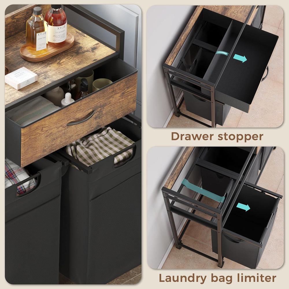 Mondeer 150L Laundry Sorter 3 Section with 3 Bags 4 Wheels 2 Drawers