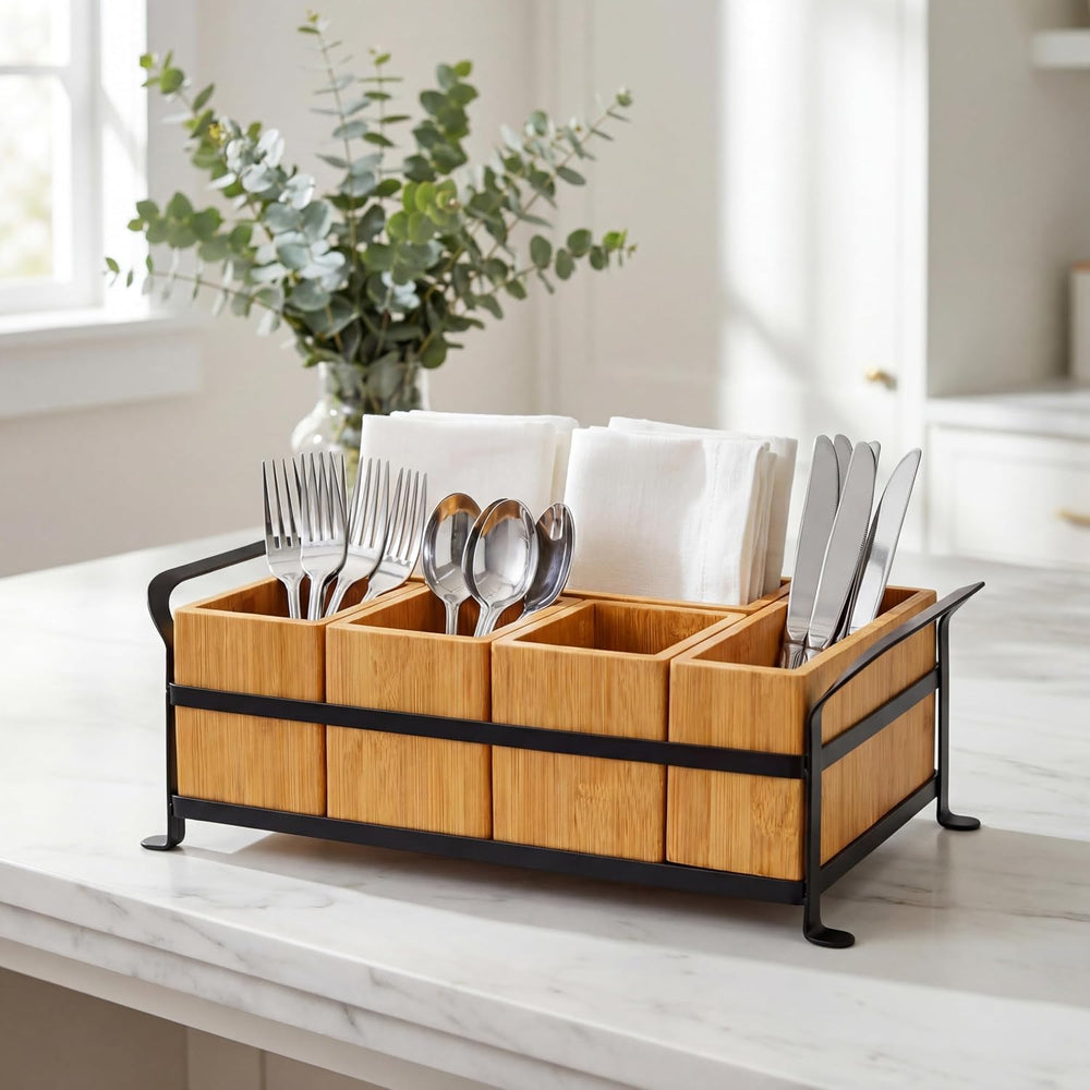Bamboo Utensil Caddy with Handle - 5 Compartment Silverware Holder for Party ...