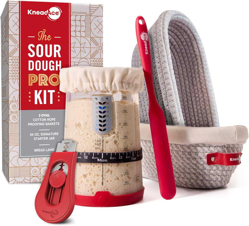KneadAce Sourdough Starter Kit – 34oz Starter Jar, 2 Oval Banneton Proofing B...
