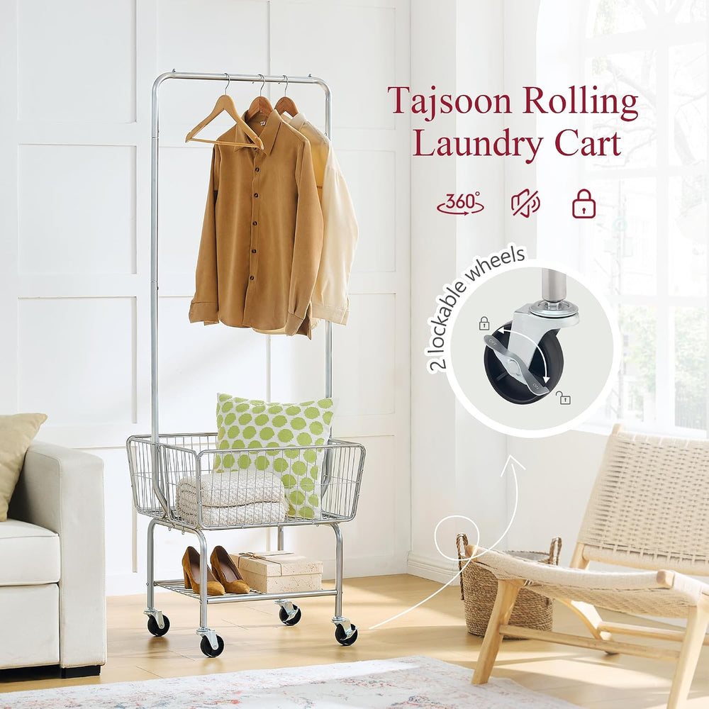 Tajsoon Rolling Laundry Cart with Hanging Rack & Laundry Basket, Silver
