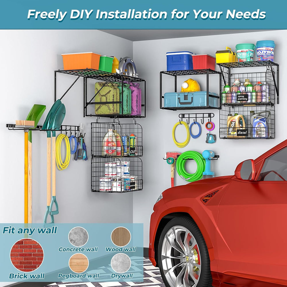 ThreeHio Garage Shelf Wall Mounted with Wire Baskets, Heavy Duty Garage Wall ...