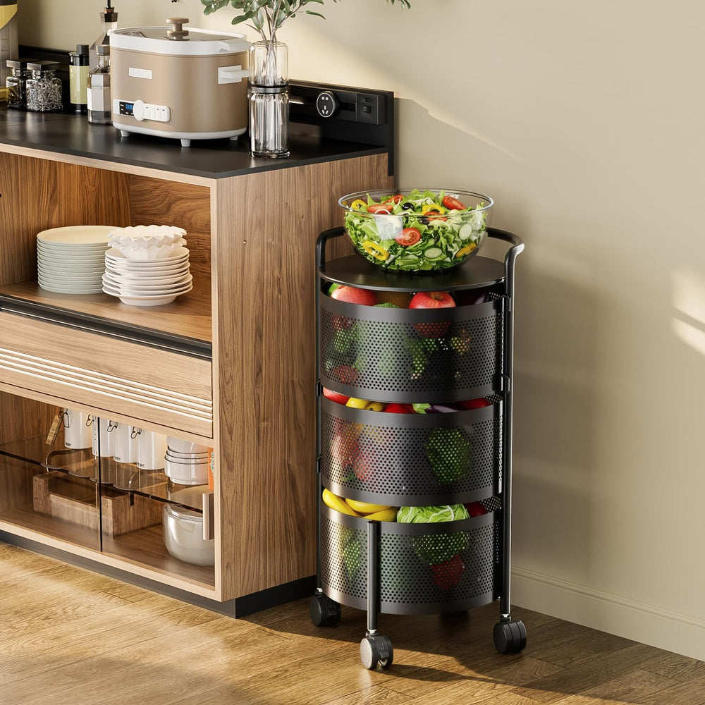 JAQ No Assembly Rotating Kitchen Storage Organizer, 3-Tier Metal Basket Rack ...
