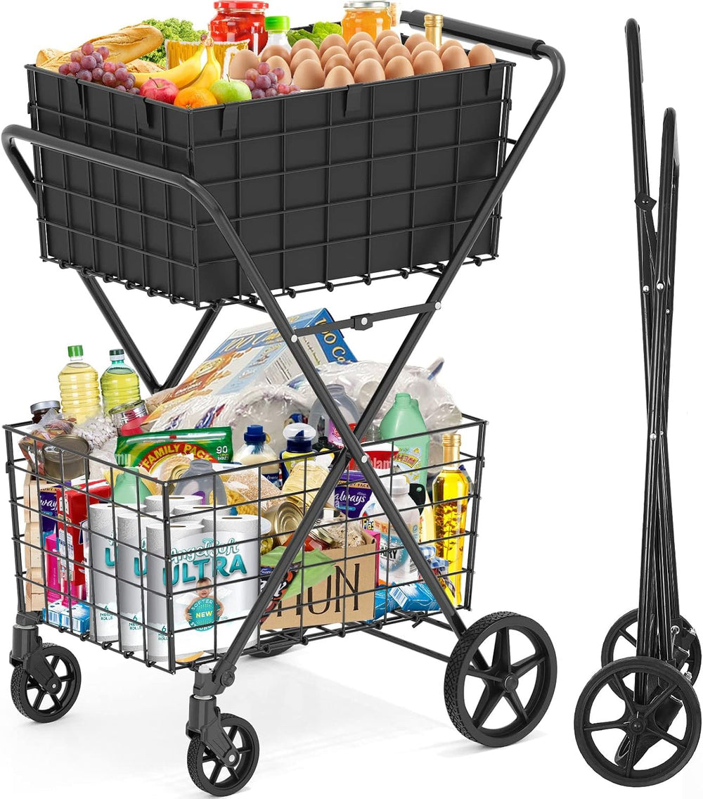𝐍𝐄𝐖 2-Tier Large Collapsible Grocery Cart On Wheels 400lbs Shopping Cart