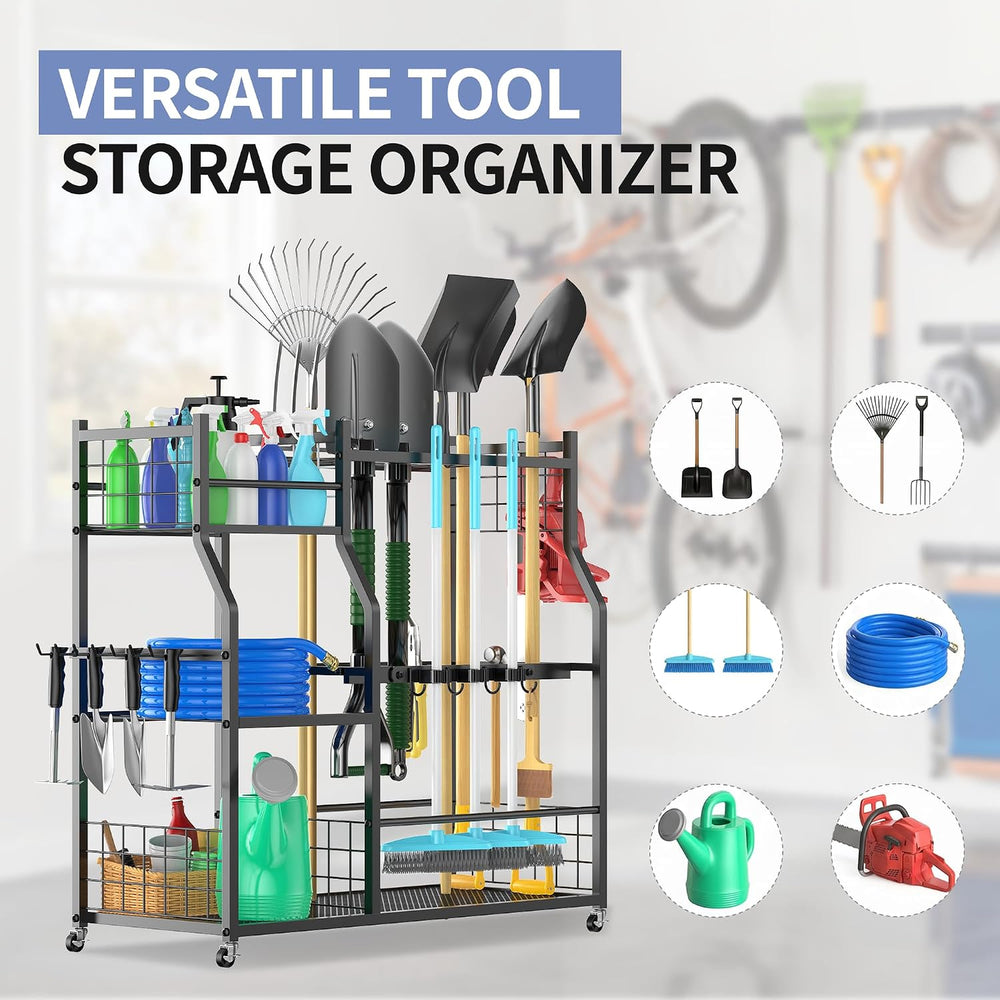 Garden Tool Organizer with Wheels, Rolling Storage Rack for Garage
