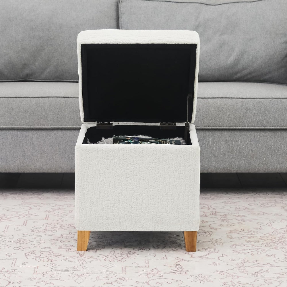 Adeco 18 Inch High Faux Fur White Cube Ottoman Storage, 3D Embossed Velvet Ch...