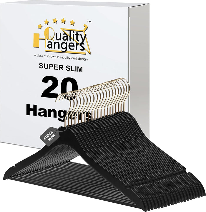 20 Luxury 16.5" Ultra Thin Space Saving Black Wooden Hangers, 360 Degree Swivel Hook, Best for Suit, Coat, Shirts, Blouses, Pant, Dress Hangers Black with Gold Hook