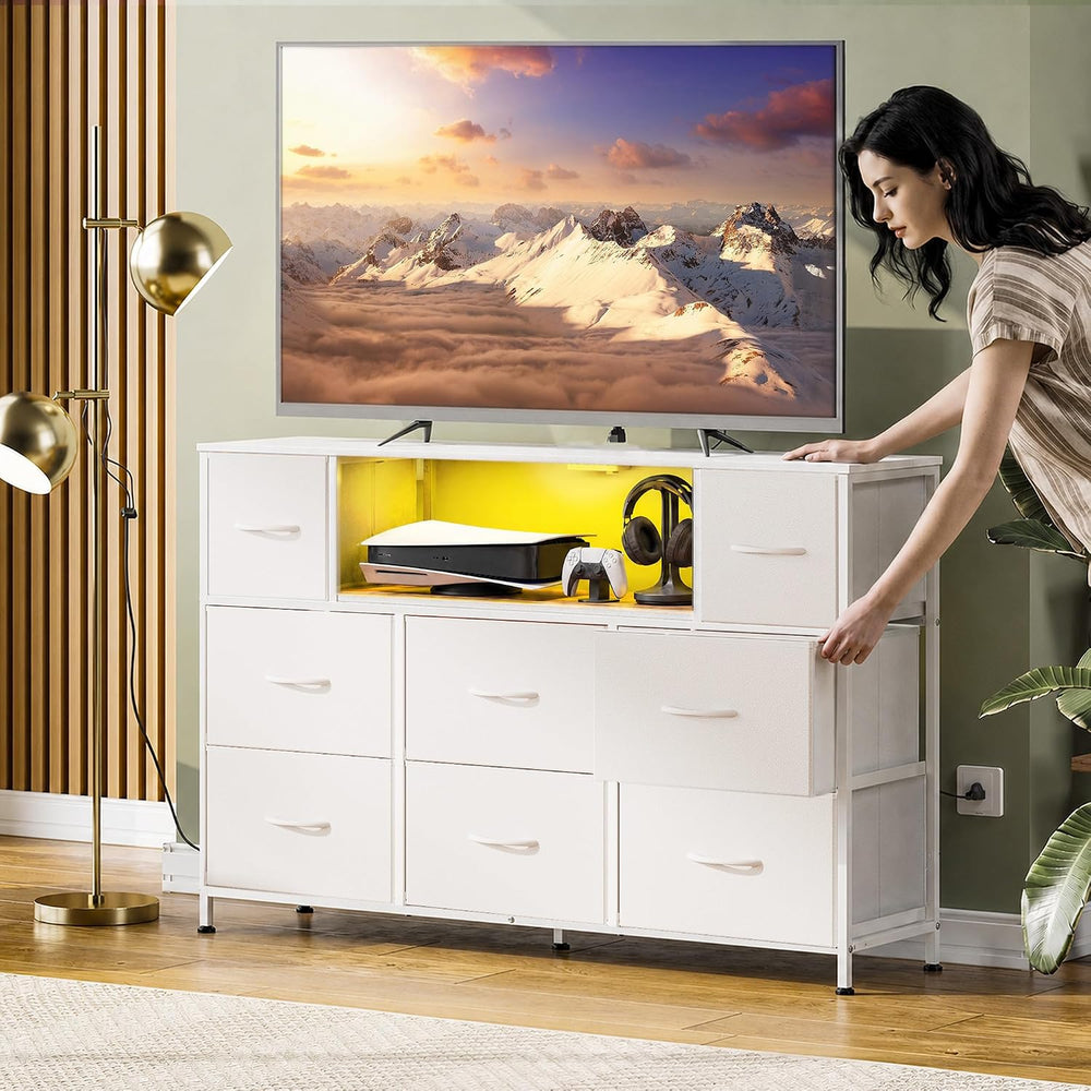 WLIVE LED Dresser TV Stand for 55 Inch TV, 8 Drawers, White