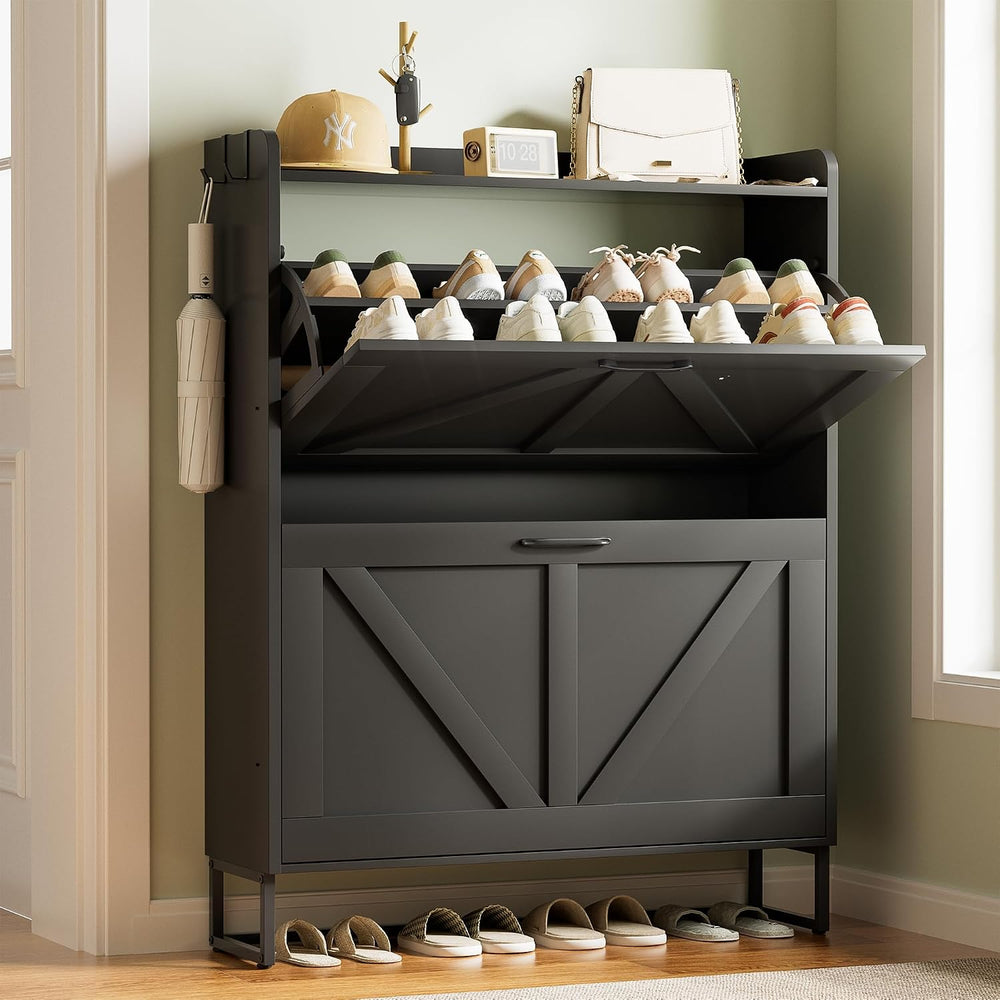 Urban Deco Shoe Cabinet with 2 Flip Drawers, Slim Shoe Storage for Entryway