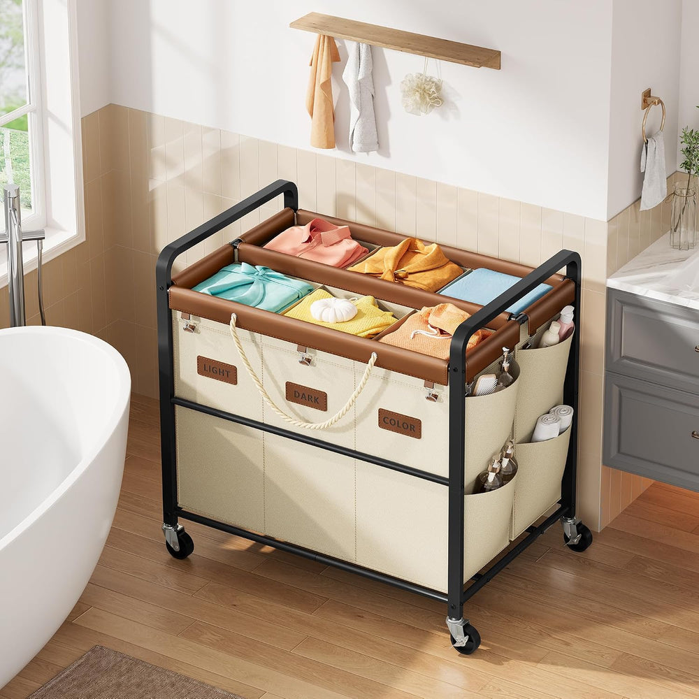 Tajsoon 350L Extra Large Laundry Cart, Laundry Hamper 6 Section, Beige