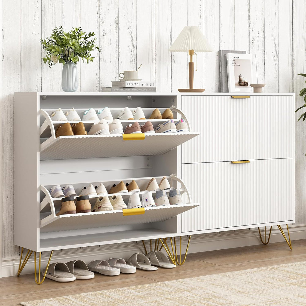 Fluted Shoe Cabinet with 2 Flip Drawers, Gold Handle and Metal Legs, White丨Fl...