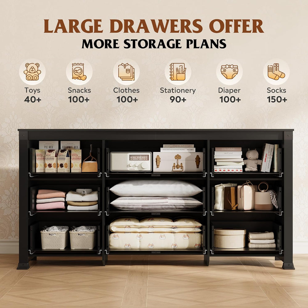 WLIVE 9 Drawer Dresser Black, 62" Wide Wooden Chest with Anti-Tip Structure